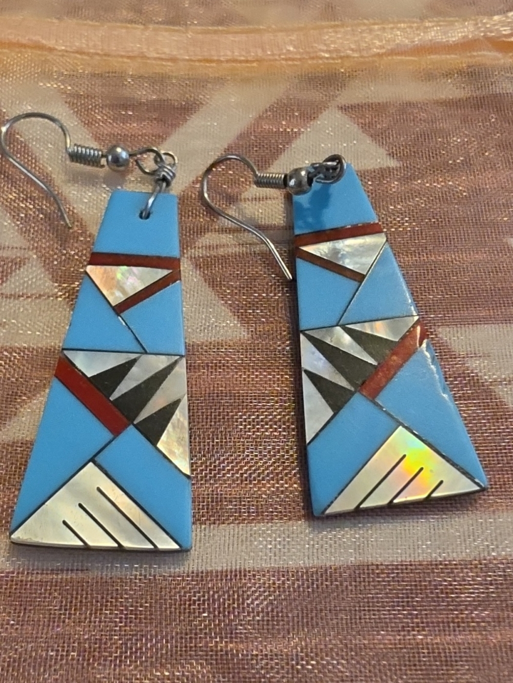 Native American Handcrafted Turquoise Coral & Shell Inlay Earrings – Gallup NM